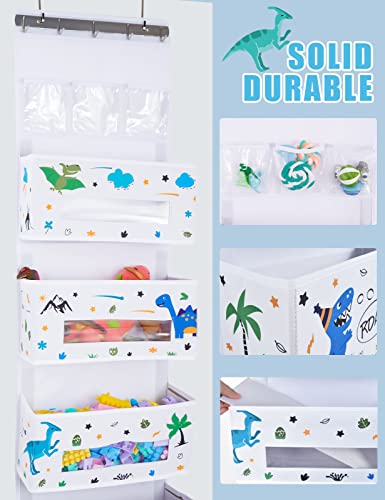 WERNNSAI Dinosaur Door Hanging Organizer - Over Door Storage with 4 Large Pockets 3 Clear Small Pockets for Kids 49” x 14” x 5” Baby Storage Toys Towels Sundries for Children Room Bedroom Kitchen