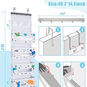 WERNNSAI Dinosaur Door Hanging Organizer - Over Door Storage with 4 Large Pockets 3 Clear Small Pockets for Kids 49” x 14” x 5” Baby Storage Toys Towels Sundries for Children Room Bedroom Kitchen