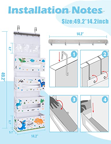 WERNNSAI Dinosaur Door Hanging Organizer - Over Door Storage with 4 Large Pockets 3 Clear Small Pockets for Kids 49” x 14” x 5” Baby Storage Toys Towels Sundries for Children Room Bedroom Kitchen