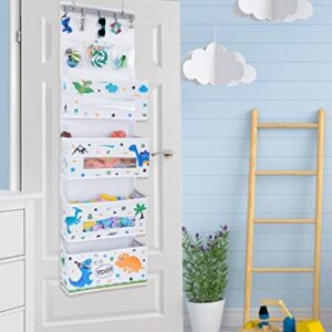 WERNNSAI Dinosaur Door Hanging Organizer - Over Door Storage with 4 Large Pockets 3 Clear Small Pockets for Kids 49” x 14” x 5” Baby Storage Toys Towels Sundries for Children Room Bedroom Kitchen