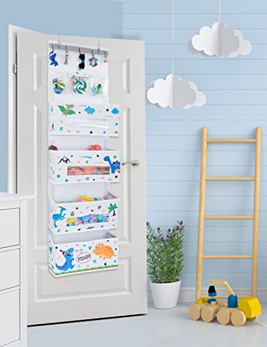 WERNNSAI Dinosaur Door Hanging Organizer - Over Door Storage with 4 Large Pockets 3 Clear Small Pockets for Kids 49” x 14” x 5” Baby Storage Toys Towels Sundries for Children Room Bedroom Kitchen