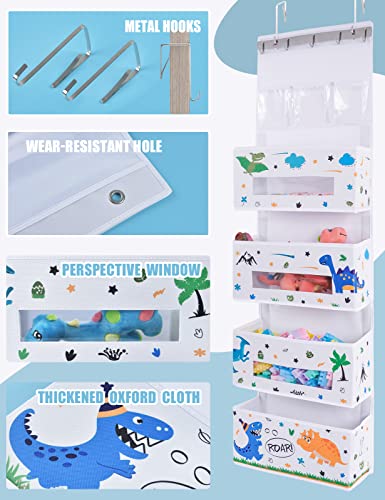 WERNNSAI Dinosaur Door Hanging Organizer - Over Door Storage with 4 Large Pockets 3 Clear Small Pockets for Kids 49” x 14” x 5” Baby Storage Toys Towels Sundries for Children Room Bedroom Kitchen