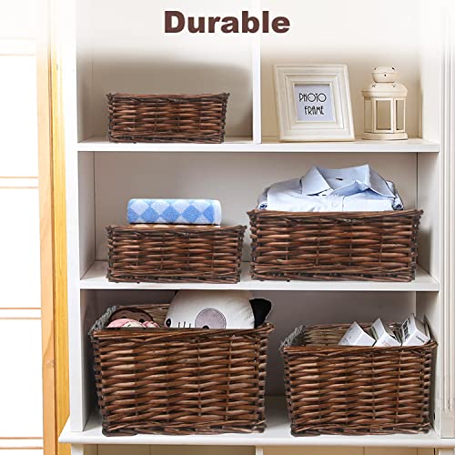 DUNCHATY Wicker Storage Bins, Handmade Wicker Baskets for Shelves Set of 5, Rectangular Organizing Baskets, Decorative Woven Basket Storage Bins for Home (5 Sizes, Brown)
