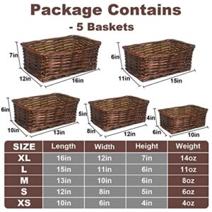 DUNCHATY Wicker Storage Bins, Handmade Wicker Baskets for Shelves Set of 5, Rectangular Organizing Baskets, Decorative Woven Basket Storage Bins for Home (5 Sizes, Brown)