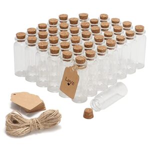 50 pcs 20ml mini glass bottles with cork stoppers, 29x64mm diy decoration tiny glass jars, mini vials cork, message wishing bottle with label tags and string for arts crafts, decoration, party favors