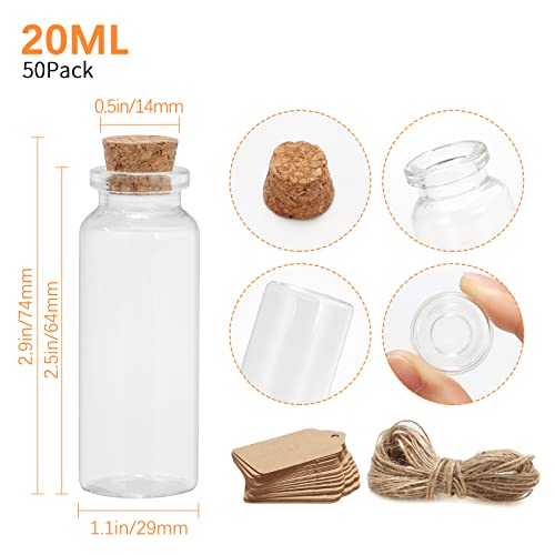 50 Pcs 20ml Mini Glass Bottles with Cork Stoppers, 29x64mm DIY Decoration Tiny Glass Jars, Mini Vials Cork, Message Wishing Bottle with Label Tags and String for Arts Crafts, Decoration, Party Favors