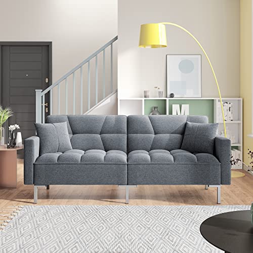 Convertible Linen Fabric Tufted Split-Back Plush Futon Sofa Furniture for Living Room, Apartment, Bonus Room, Overnight Guests w/ 2 Pillows, Wood Frame, Metal Legs (Dark Gray + Linen + Foam)