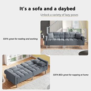 Convertible Linen Fabric Tufted Split-Back Plush Futon Sofa Furniture for Living Room, Apartment, Bonus Room, Overnight Guests w/ 2 Pillows, Wood Frame, Metal Legs (Dark Gray + Linen + Foam)