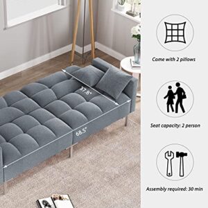 Convertible Linen Fabric Tufted Split-Back Plush Futon Sofa Furniture for Living Room, Apartment, Bonus Room, Overnight Guests w/ 2 Pillows, Wood Frame, Metal Legs (Dark Gray + Linen + Foam)