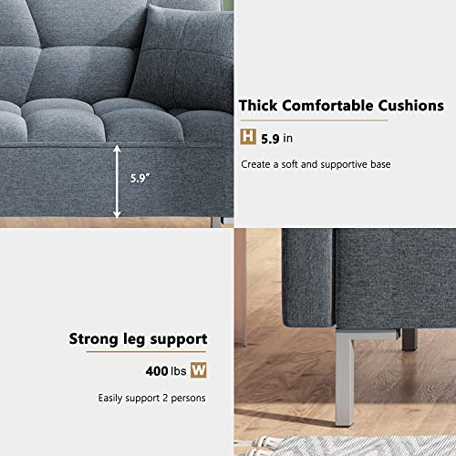 Convertible Linen Fabric Tufted Split-Back Plush Futon Sofa Furniture for Living Room, Apartment, Bonus Room, Overnight Guests w/ 2 Pillows, Wood Frame, Metal Legs (Dark Gray + Linen + Foam)