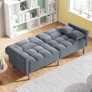 Convertible Linen Fabric Tufted Split-Back Plush Futon Sofa Furniture for Living Room, Apartment, Bonus Room, Overnight Guests w/ 2 Pillows, Wood Frame, Metal Legs (Dark Gray + Linen + Foam)