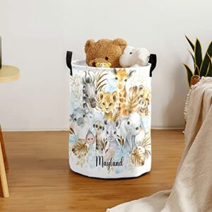blue gold tropical jungle safari animals personalized laundry hamper with handles waterproof,custom collapsible laundry bin,clothes toys storage baskets for bedroom,bathroom decorative large capacity 50l