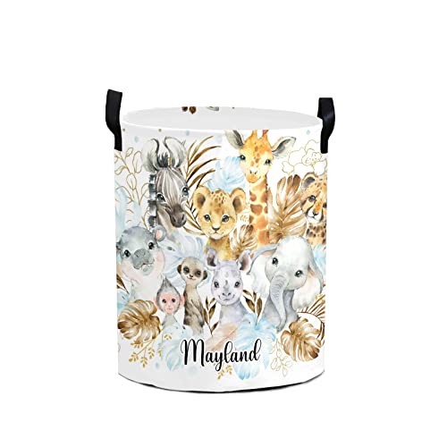 Blue Gold Tropical Jungle Safari Animals Personalized Laundry Hamper with Handles Waterproof,Custom Collapsible Laundry Bin,Clothes Toys Storage Baskets for Bedroom,Bathroom Decorative Large Capacity 50L