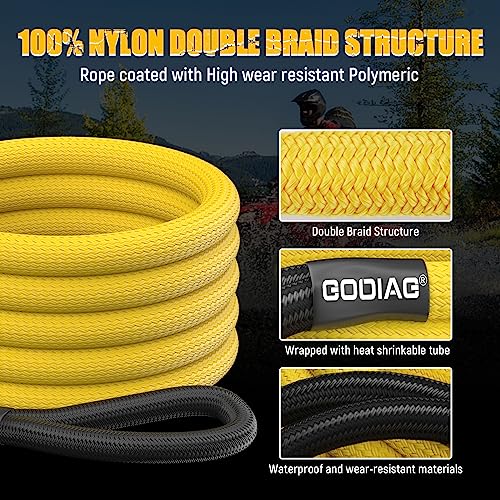 GODIAG 1"×20ft Kinetic Recovery Rope (33000lbs) Heavy Duty Energy Tow Rope with 2 Soft Shackles, Offroad Power Stretch Snatch Rope for Truck Jeep Car ATV UTV Tractor