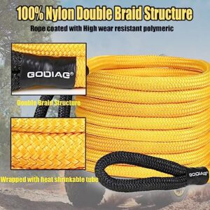 GODIAG 1"×20ft Kinetic Recovery Rope (33000lbs) Heavy Duty Energy Tow Rope with 2 Soft Shackles, Offroad Power Stretch Snatch Rope for Truck Jeep Car ATV UTV Tractor