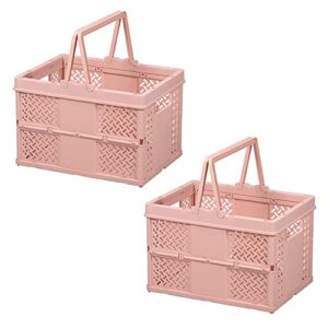 [2-pack] plastic baskets for shelf storage organizing, durable and reliable portable folding storage crate, ideal for home kitchen classroom and office organization, bathroom storage-pink