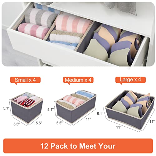 Drawer Organizer Clothes, 12 Pack Underwear Drawer Organizers for Clothing, Fabric Foldable Clothes Dresser Drawers Dividers, Closet Organizers and Storage Box for Clothes, Bra, Socks, Underwear