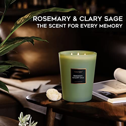 HomeLights Highly Scented Candles, Big 33.3 oz for Home, Natural Soy Aromatherapy Candles, Smokeless Long Lasting 130 hrs with 3 Cotton Wicks, Candles Gifts for Women & Men - Rosemary & Clary Sage