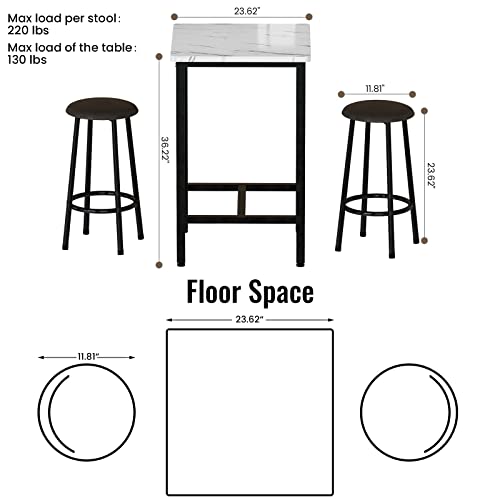 AWQM 3-Piece Dining Table and Chairs Set for Small Space, Bar Set with 1 Square Table and 2 Round Stools, Coffee Table Set for 2, Breakfast Table with Footrest and for Home & Kitchen (White)