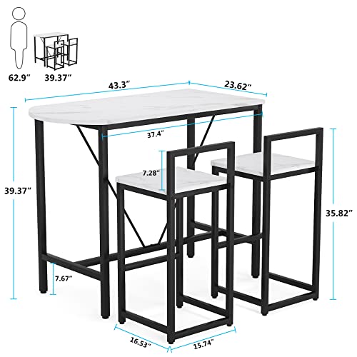 Tribesigns Bar Table and Chairs Set, 43.3" Pub Bar Dining Table and 2 Bar Stools, 3-Piece Wood Counter Height Breakfast Table Set with Metal Frame and Faux Marble Tabletop (White)