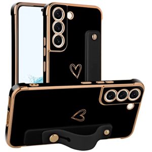 aigomara compatible with samsung galaxy s22 case with finger strap luxury cute heart plating phone case full body protective kickstand cover for galaxy s22 5g 2022 women girly - black