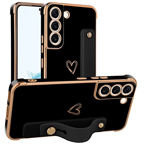 AIGOMARA Compatible with Samsung Galaxy S22 Case with Finger Strap Luxury Cute Heart Plating Phone Case Full Body Protective Kickstand Cover for Galaxy S22 5G 2022 Women Girly - Black