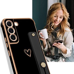 AIGOMARA Compatible with Samsung Galaxy S22 Case with Finger Strap Luxury Cute Heart Plating Phone Case Full Body Protective Kickstand Cover for Galaxy S22 5G 2022 Women Girly - Black