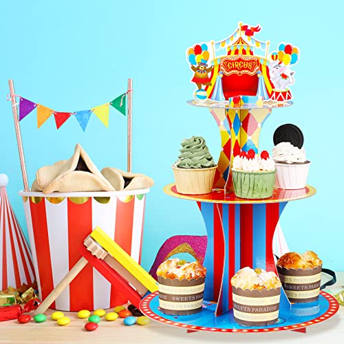 Zopeal Carnival Theme Cupcake Holder 3 Tier Circus Cardboard Cupcake Stand Circus Tent Cake Stand Dessert Tower Holder for Carnival Circus Themed Birthday Party Decoration Supplies