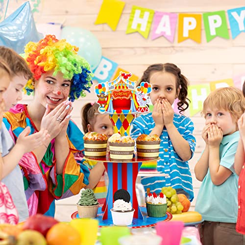 Zopeal Carnival Theme Cupcake Holder 3 Tier Circus Cardboard Cupcake Stand Circus Tent Cake Stand Dessert Tower Holder for Carnival Circus Themed Birthday Party Decoration Supplies