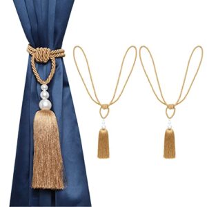 malointex 2 pack curtain hand-woven tiebacks pearl holdbacks home decorative tassels - gold