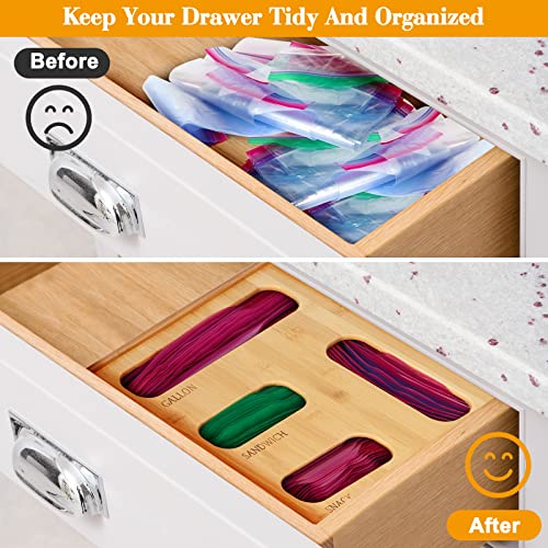 Bamboo Ziplock Bag Organizer For Drawer And Wall, Baggie Organizer Dispenser, Food Storage Bag Organizer Fits For Ziploc Solimo Glad Hefty For Gallon Quart Sandwich And More Zip Lock Bags - 4 Slots