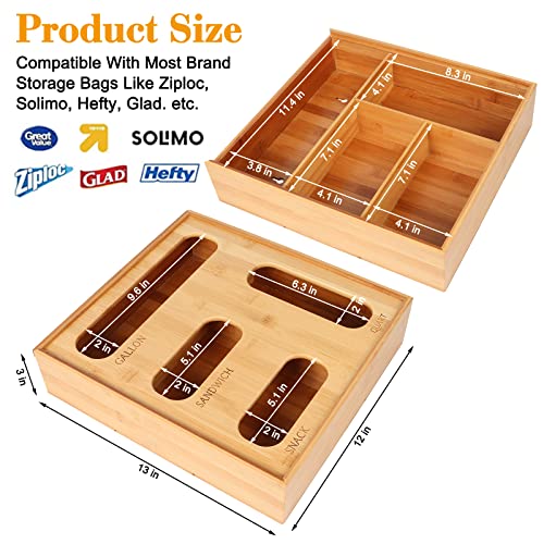 Bamboo Ziplock Bag Organizer For Drawer And Wall, Baggie Organizer Dispenser, Food Storage Bag Organizer Fits For Ziploc Solimo Glad Hefty For Gallon Quart Sandwich And More Zip Lock Bags - 4 Slots