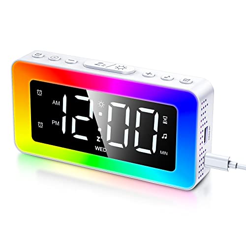 Umedo Alarm Clock for Bedrooms Dual Alarm Clocks 8 RGB Night Lights, 3 Mode Mirror Clock, USB Port, 8 White Noise, 7 Wake-Up Sounds, 16 Level Volume, 0%-100% Dimmable, Bedside Clock for Kids & Adult