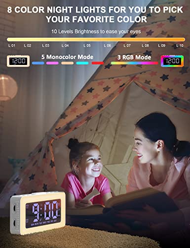 Umedo Alarm Clock for Bedrooms Dual Alarm Clocks 8 RGB Night Lights, 3 Mode Mirror Clock, USB Port, 8 White Noise, 7 Wake-Up Sounds, 16 Level Volume, 0%-100% Dimmable, Bedside Clock for Kids & Adult