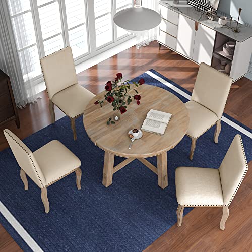 Merax Round Dining Table Set with 4 Chairs for 4-6 Persons Extendable 5 Piece Kitchen Dining Set Rustic Solid Wood Dining Table, Natural Wood Wash