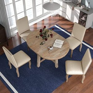 Merax Round Dining Table Set with 4 Chairs for 4-6 Persons Extendable 5 Piece Kitchen Dining Set Rustic Solid Wood Dining Table, Natural Wood Wash