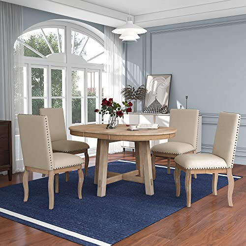 Merax Round Dining Table Set with 4 Chairs for 4-6 Persons Extendable 5 Piece Kitchen Dining Set Rustic Solid Wood Dining Table, Natural Wood Wash