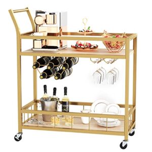furmax home industrial serving mobile bar cart on wheels with wine rack and glass holder 2 wood storage shelves for living room, kitchen, party (gold)