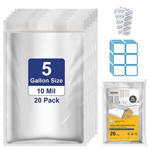 20 pcs 5 gallon food storage bags- 10 mil thick resealable mylar bags with 2000cc oxygen absorbers for home, kitchen, camping, hiking, boat, long trips, fishing, travelling, beach food storage