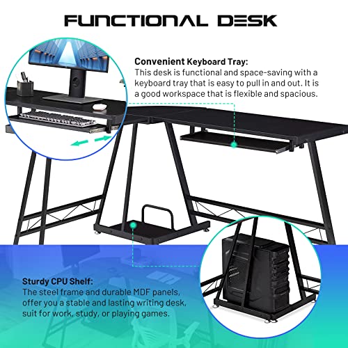 L-Shaped Computer Desk with CPU Stand Home Office Gaming Desk Writing Table Interchangeable Switch Board Computer Workstation PC Laptop Table with Keyboard Tray, Round Corner (Jet Black)