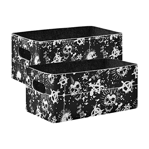 Punk Skull Storage Basket Felt Storage Bin Collapsible Toy Boxs Foldable Felt Cube Organizer for Kids Bedroom Magazine