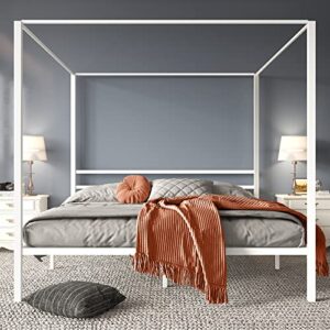 YITAHOME Metal Four Poster Canopy Bed Frame 14 Inch Platform with Built-in Headboard Strong Metal Slat Mattress Support, No Box Spring Needed, White, King Size