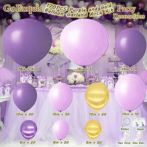 GoExquis 180Pc Purple Gold Balloon Garland Arch 14"10"6" Baby Shower Bridal shower wedding engagement Lavender Birthday Decorations for Girls Women