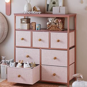 EnHomee Pink Dresser for Girls Bedroom, Dresser for Bedroom with 7 Drawers and 2 Shelves, Pink Dresser with Wooden Top and Metal Frame, Dressers & Chests of Drawers for Bedroom, Closets, Nursery, Pink