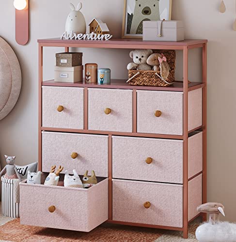 EnHomee Pink Dresser for Girls Bedroom, Dresser for Bedroom with 7 Drawers and 2 Shelves, Pink Dresser with Wooden Top and Metal Frame, Dressers & Chests of Drawers for Bedroom, Closets, Nursery, Pink