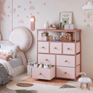 EnHomee Pink Dresser for Girls Bedroom, Dresser for Bedroom with 7 Drawers and 2 Shelves, Pink Dresser with Wooden Top and Metal Frame, Dressers & Chests of Drawers for Bedroom, Closets, Nursery, Pink