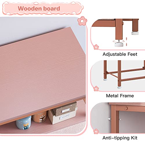 EnHomee Pink Dresser for Girls Bedroom, Dresser for Bedroom with 7 Drawers and 2 Shelves, Pink Dresser with Wooden Top and Metal Frame, Dressers & Chests of Drawers for Bedroom, Closets, Nursery, Pink