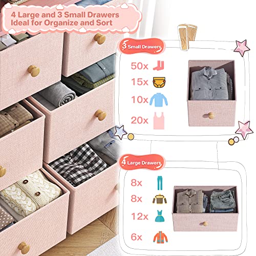 EnHomee Pink Dresser for Girls Bedroom, Dresser for Bedroom with 7 Drawers and 2 Shelves, Pink Dresser with Wooden Top and Metal Frame, Dressers & Chests of Drawers for Bedroom, Closets, Nursery, Pink