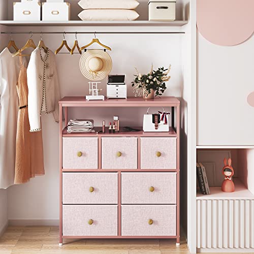 EnHomee Pink Dresser for Girls Bedroom, Dresser for Bedroom with 7 Drawers and 2 Shelves, Pink Dresser with Wooden Top and Metal Frame, Dressers & Chests of Drawers for Bedroom, Closets, Nursery, Pink