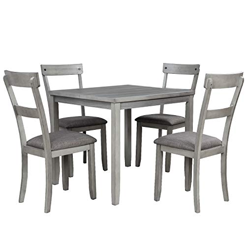 Merax 5-Piece Wooden Dining Table Set with 4 Chairs for Kitchen, Industrial Style, Light Grey